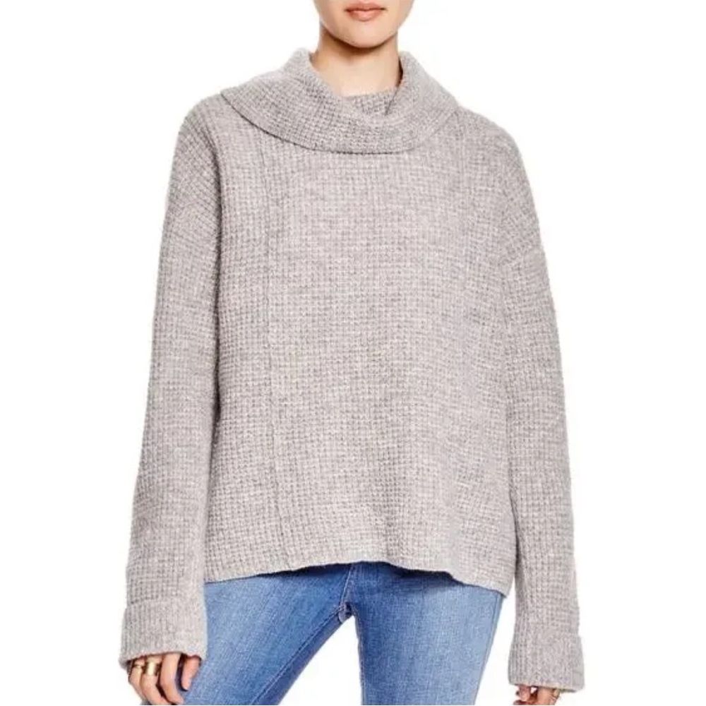 Free People Heathered Gray Waffle Knit 100% Wool Cowl Neck Sweater XS